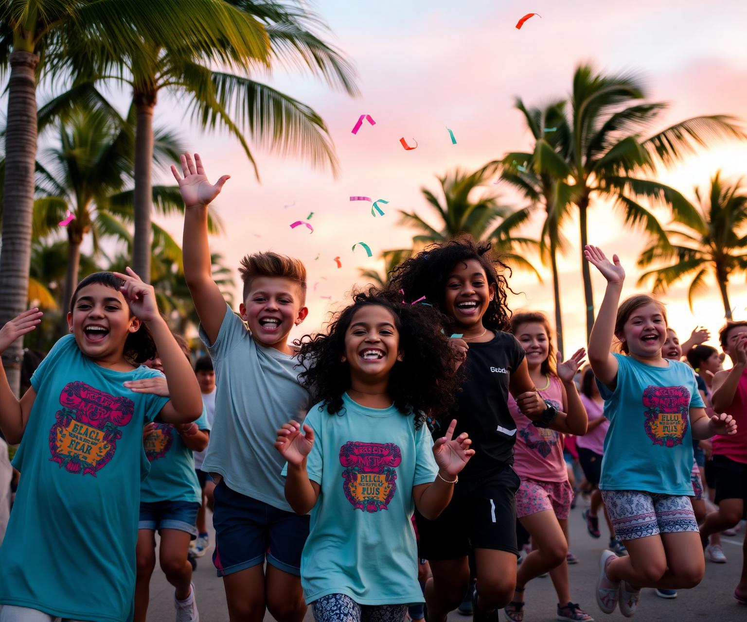 Elementary kids bouncing under Florida palm trees during a Bounce Hype event